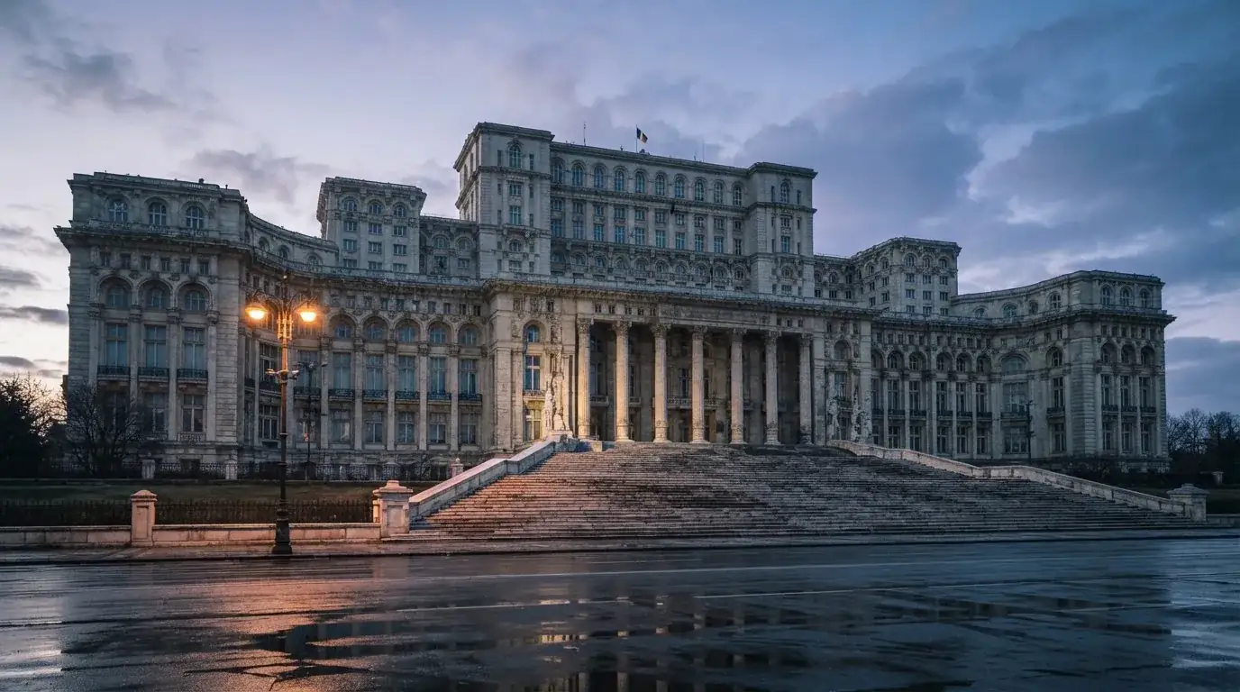 Fațada de piatră a unei clădiri guvernamentale din București, în lumina rece a zorilor — 20 rotiri gratuite în romania