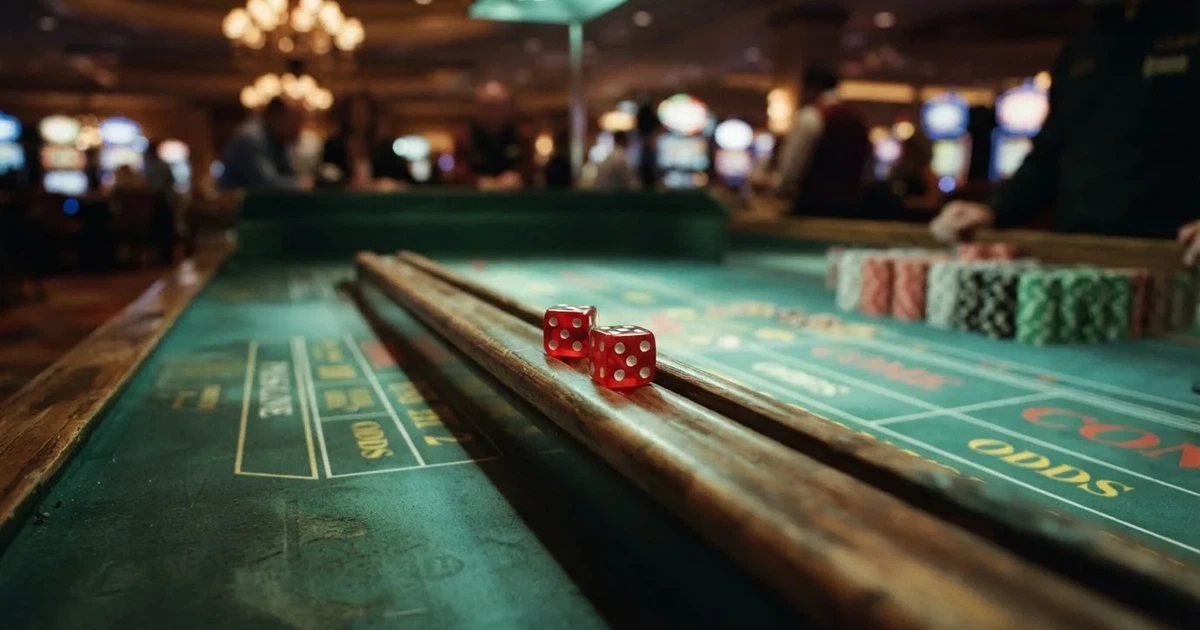 Zaruri roșii pe marginea unei mese de craps, sub o lumină verzuie — aparate de cazinou din românia