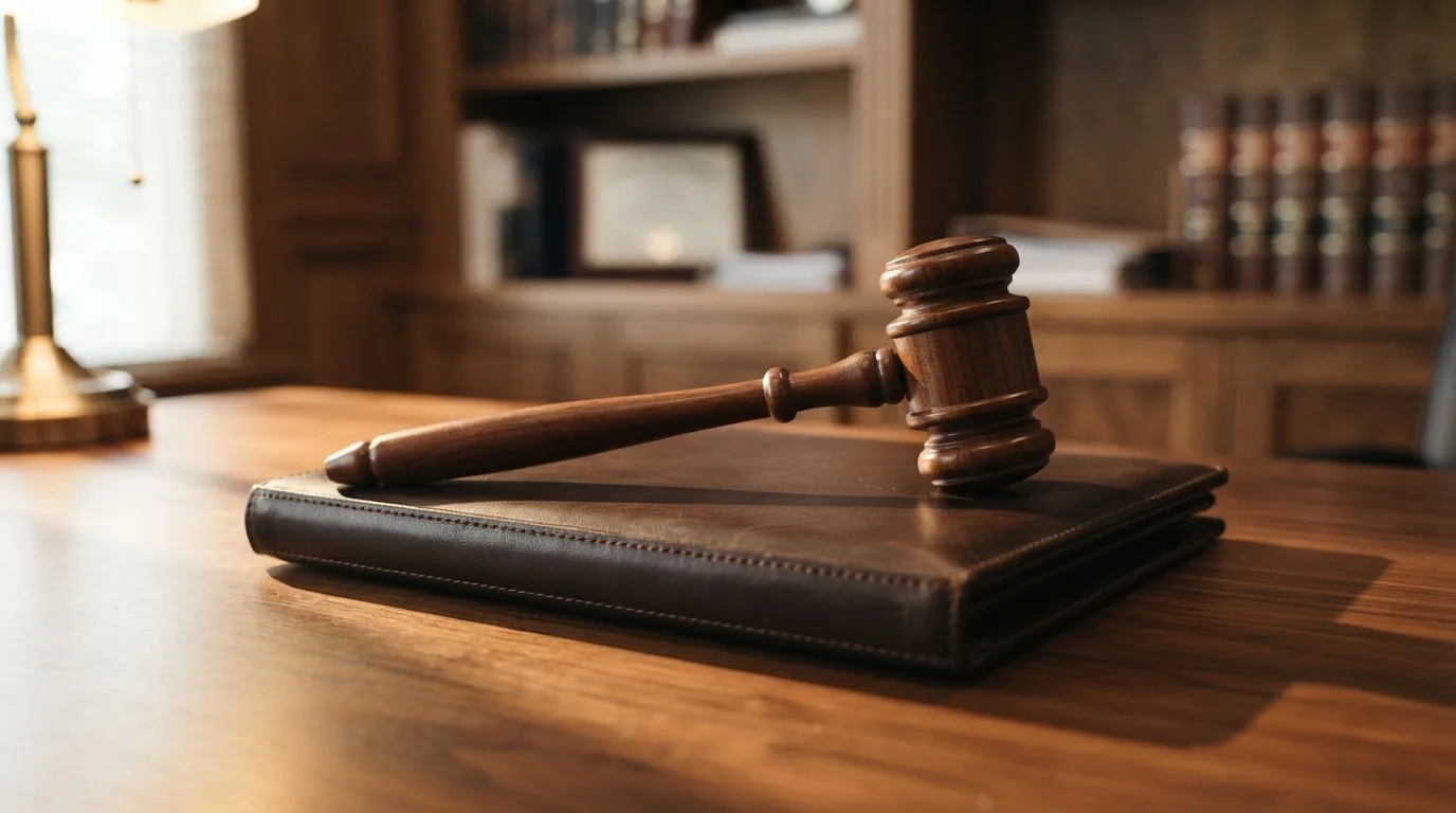 Un ciocan de judecător lângă un dosar de piele închis, pe o masă de nuc lustruit — aparate de cazinou din românia