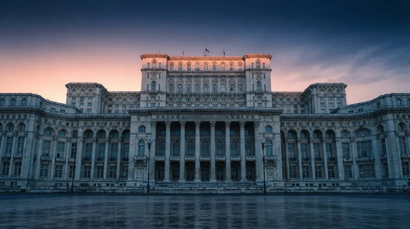 Fațada de piatră a unei clădiri guvernamentale din București, în lumina rece a zorilor — aparate de păcănele în românia
