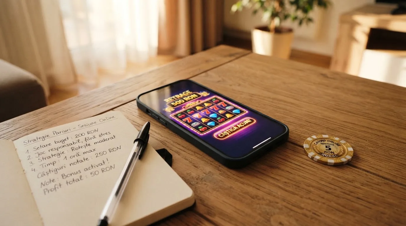 Smartphone așezat pe o masă de lemn lângă o monedă aurie și un calculator de buzunar, în lumina unei ferestre.