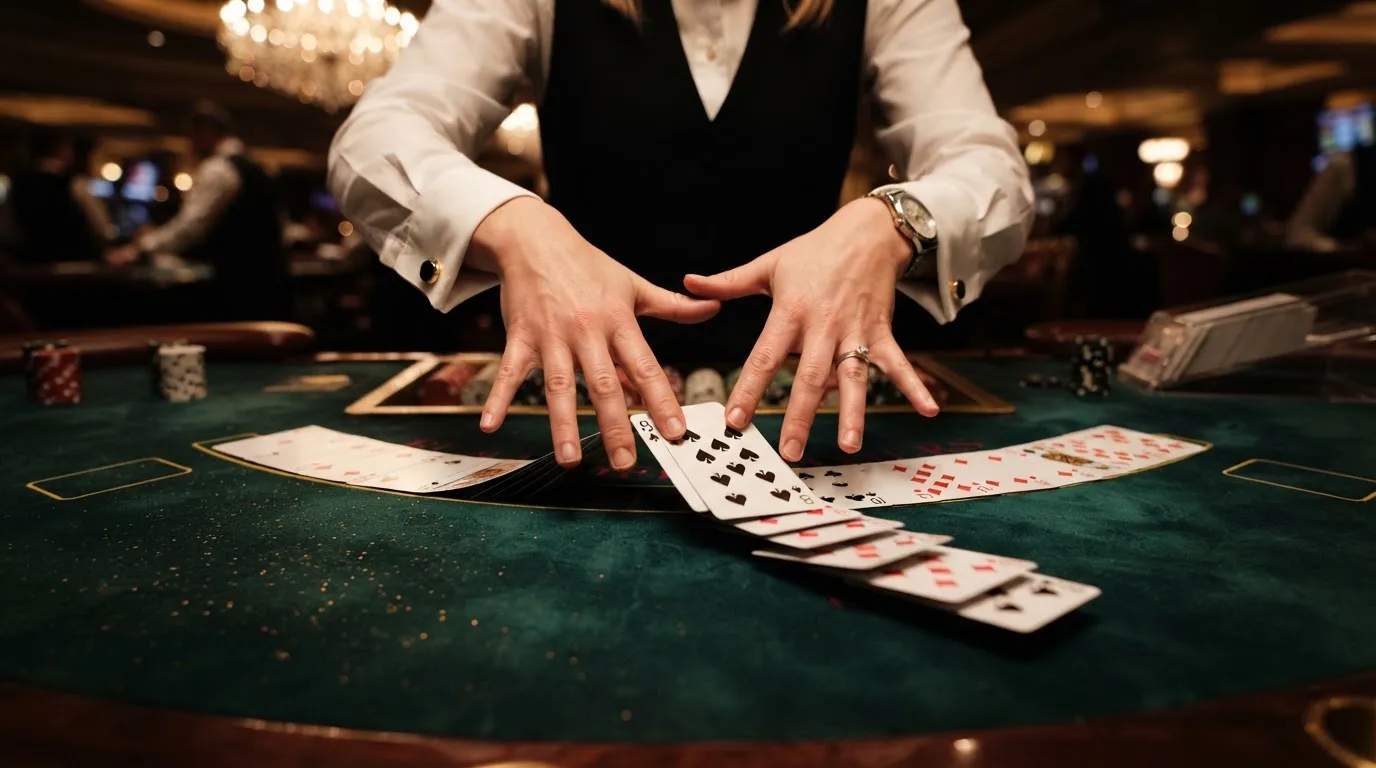 Mâinile unui crupier amestecă cărțile sub candelabrele unui cazinou elegant — blackjack reguli pentru români