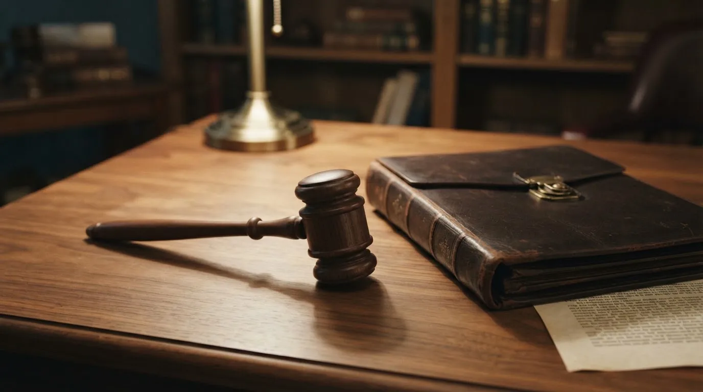Un ciocan de judecător lângă un dosar de piele închis, pe o masă de nuc lustruit — bune cazinouri în românia