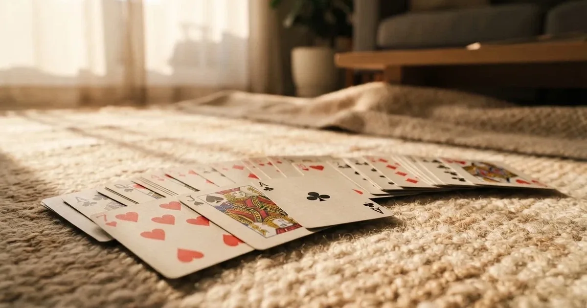 Un pachet de cărți de joc răspândit pe covorul unei camere de zi, într-o după-amiază liniștită — casino gratis în românia