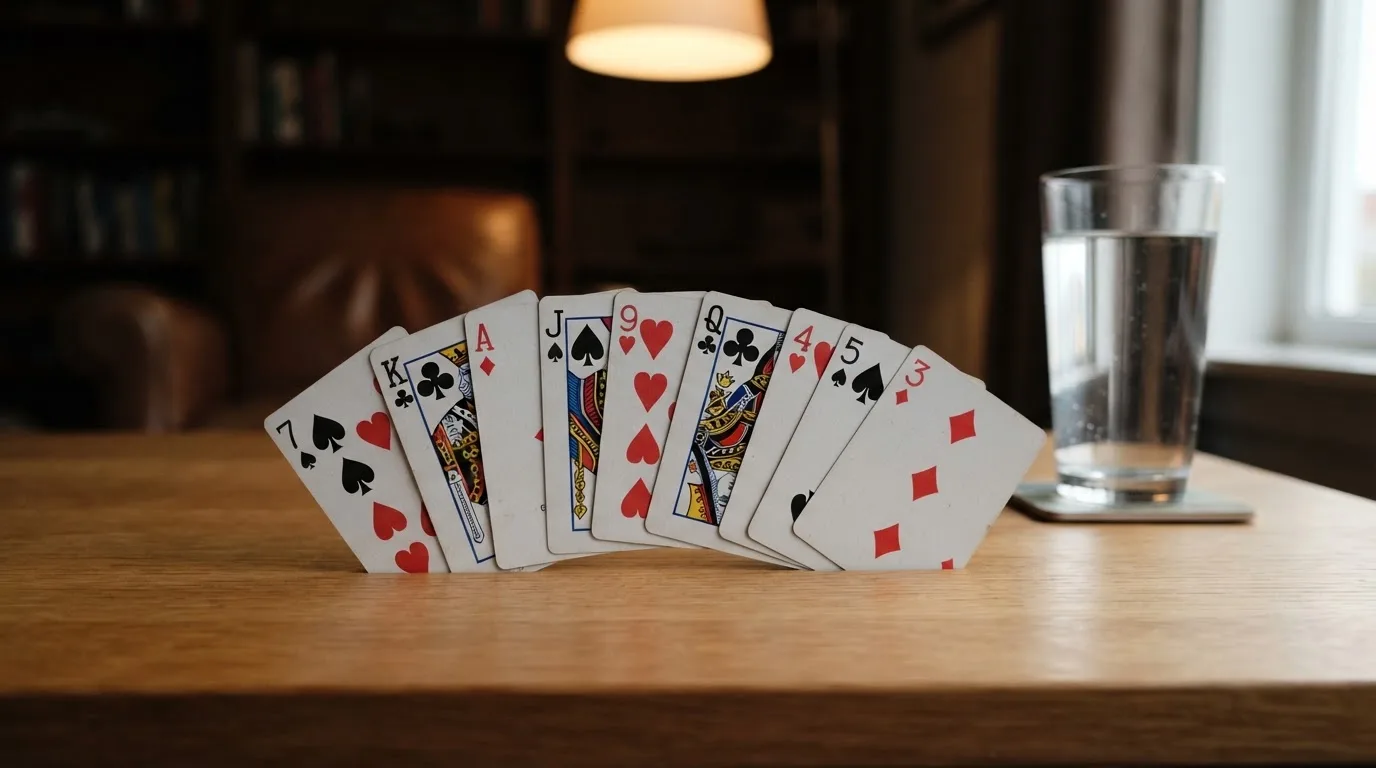 Un pachet de cărți de joc desfăcut evantai pe o masă de stejar, lângă un pahar cu apă — casino gratis în românia