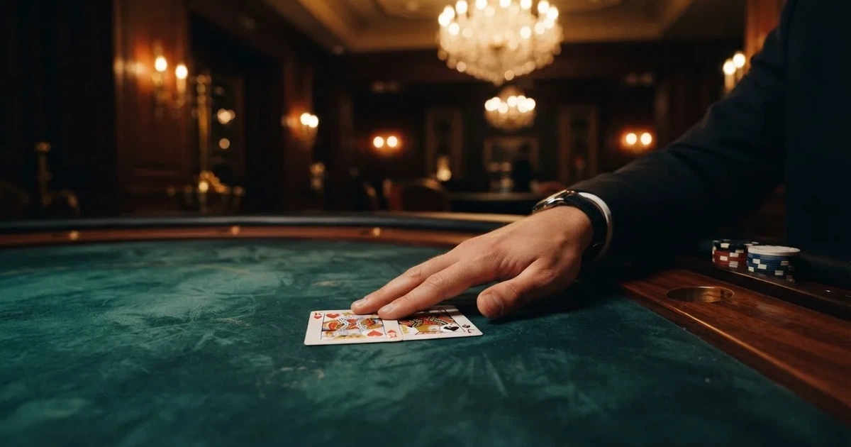 Mâinile unui crupier amestecă cărțile sub candelabrele unui cazinou elegant — casinouri online în romania