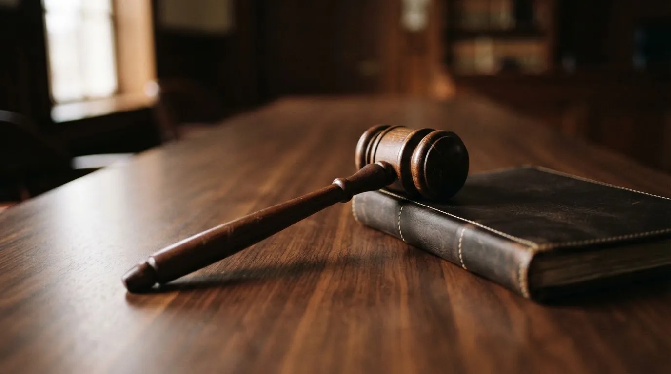 Un ciocan de judecător lângă un dosar de piele închis, pe o masă de nuc lustruit — cazino cu bani reali în românia