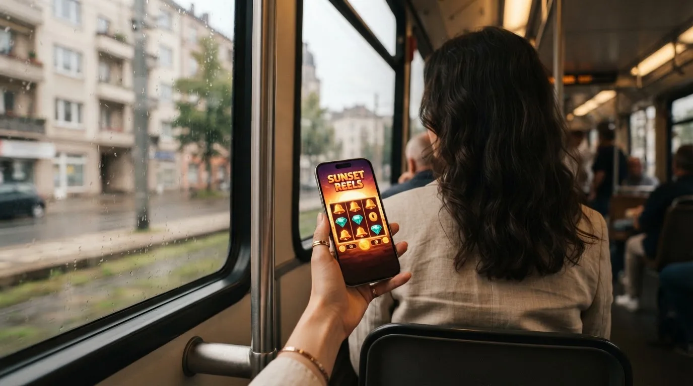 Tânără în tramvai ține telefonul cu ambele mâini și zâmbește, în timp ce afară se văd clădiri neclare în mișcare.