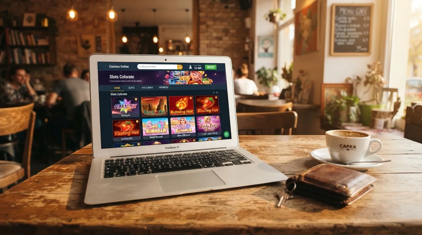 Laptop deschis pe o masă de cafenea, lângă un portofel de piele și o cană, cu lumina după-amiezii pe suprafața mesei.